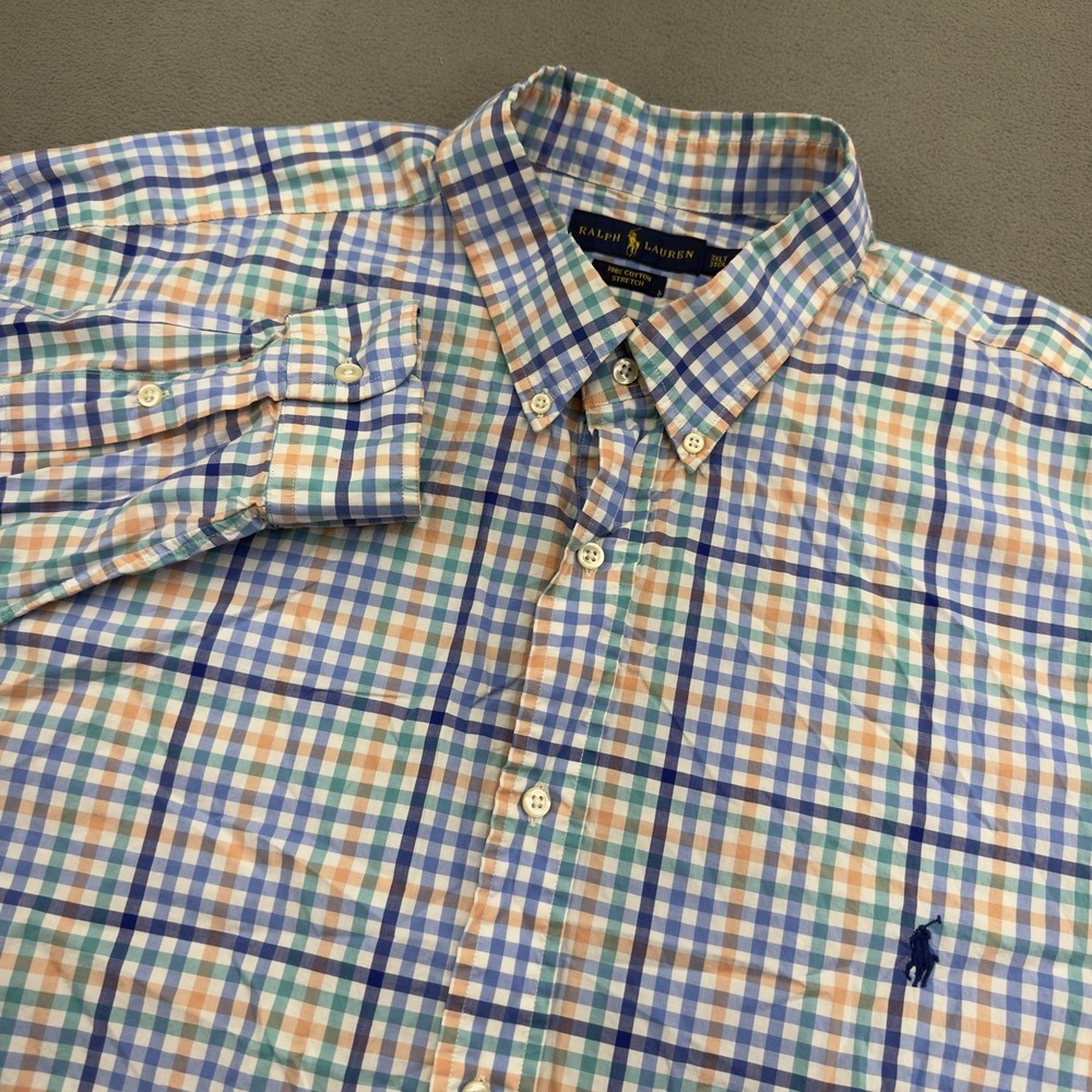 Ralph Lauren Button Down Shirt Mens 3XLT Blue Green Plaid Stretch Long Sleeve